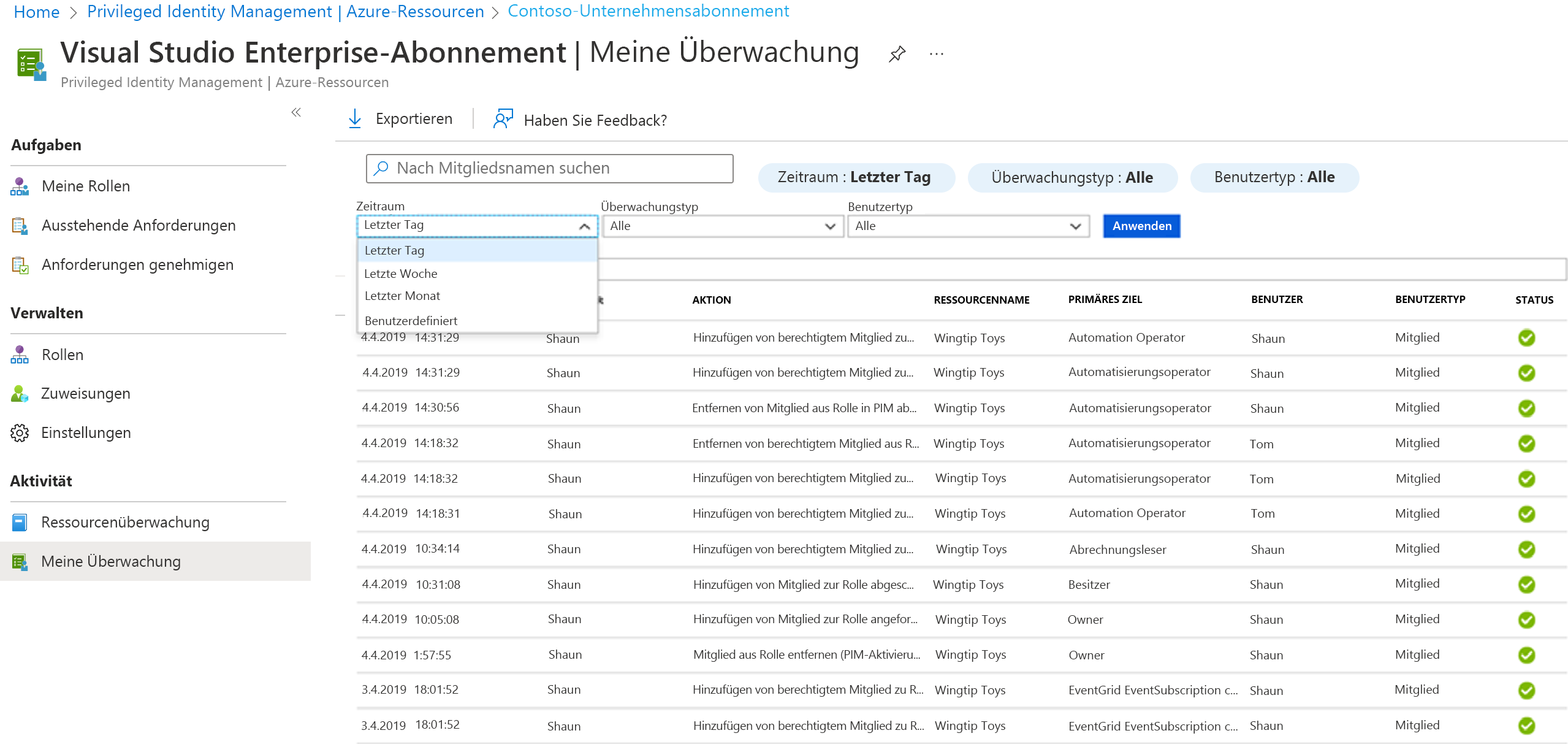 Screenshot of the Audit list for the current user. Review the history to see the activity.