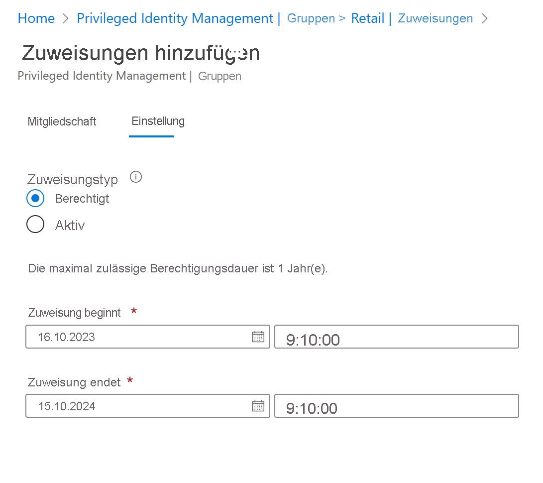 Screenshot: Privileged Identity Manager mit geöffneter Seite „Gruppenzuweisungen“