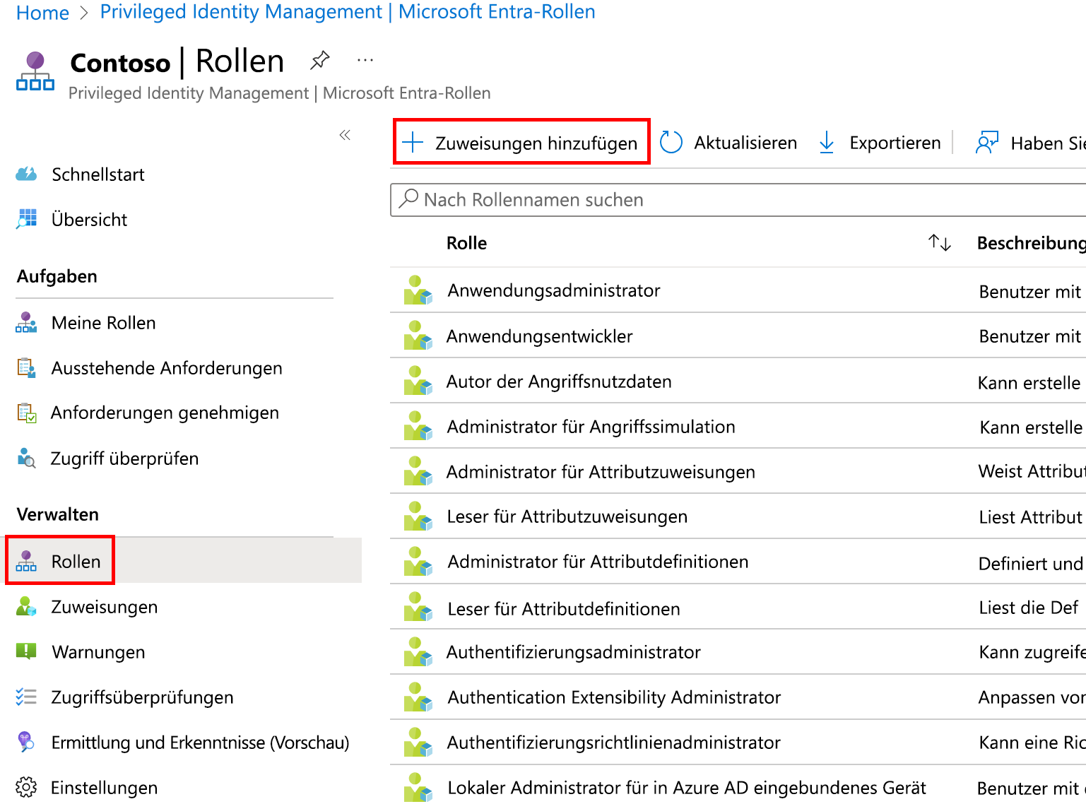 Screenshot of the Microsoft Entra roles with Add assignments menu highlighted.