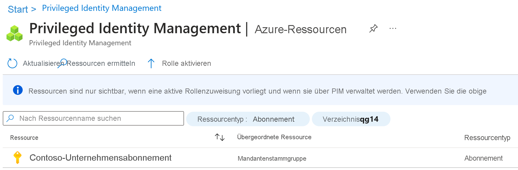 Screenshot of the Azure resources discovery screen with the subscription and manage resource highlighted.