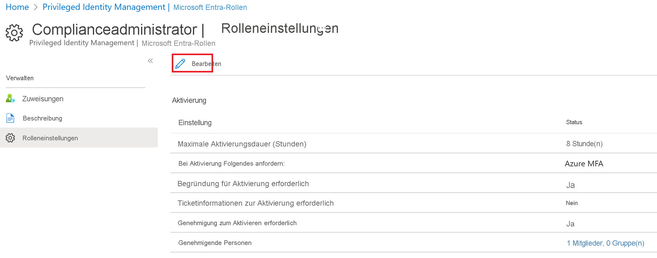 Screenshot of the top portion of the Role setting details -Compliance Administrator page with Edit highlighted.