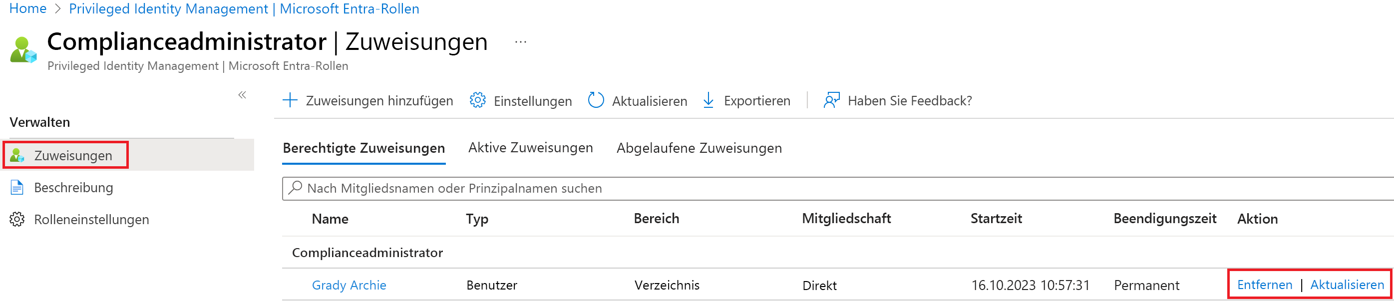 Screenshot of the options listed in the action column of the Compliance Administrator.