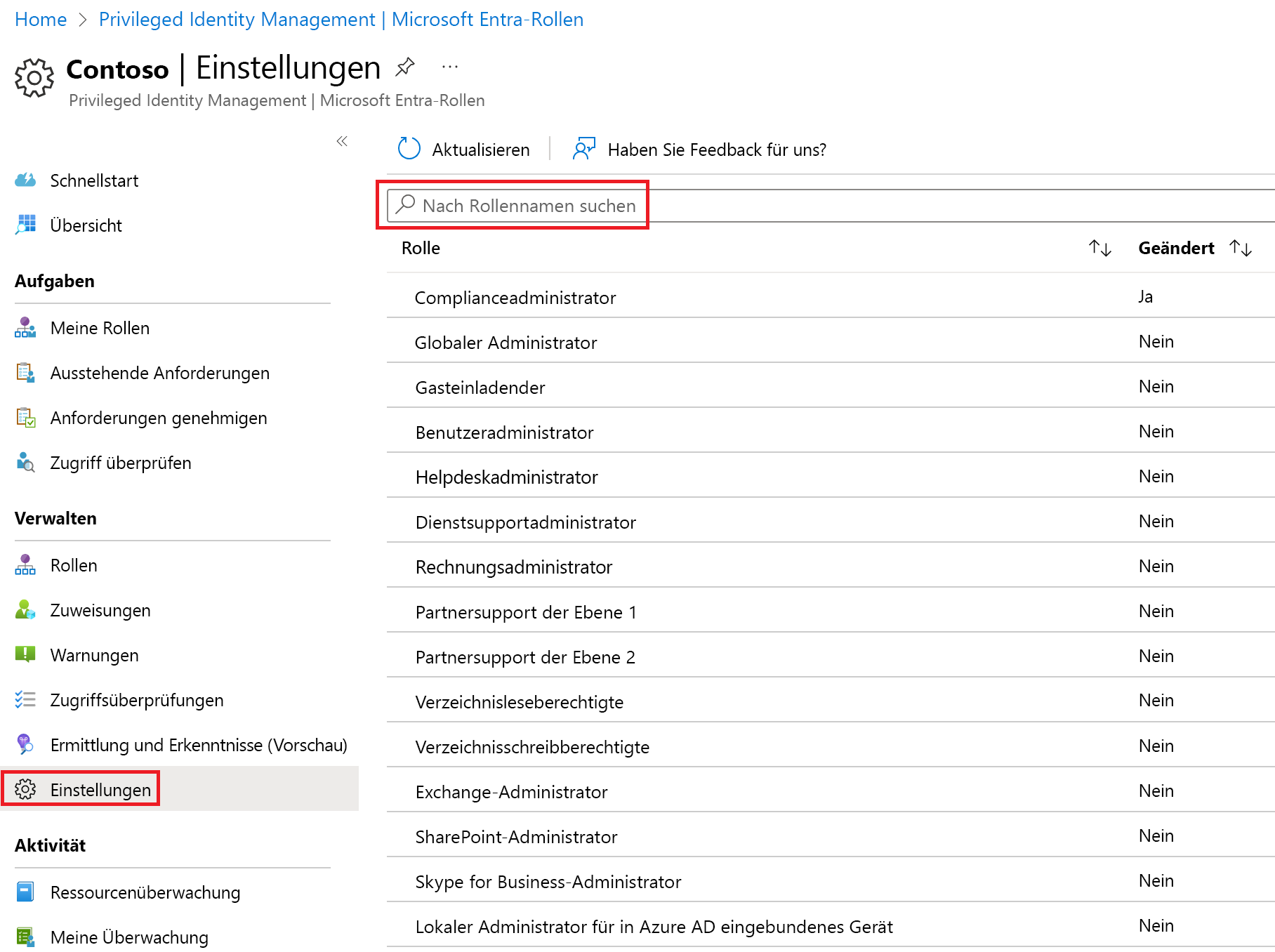 Screenshot of the Microsoft Entra roles page with the Settings menu highlighted.