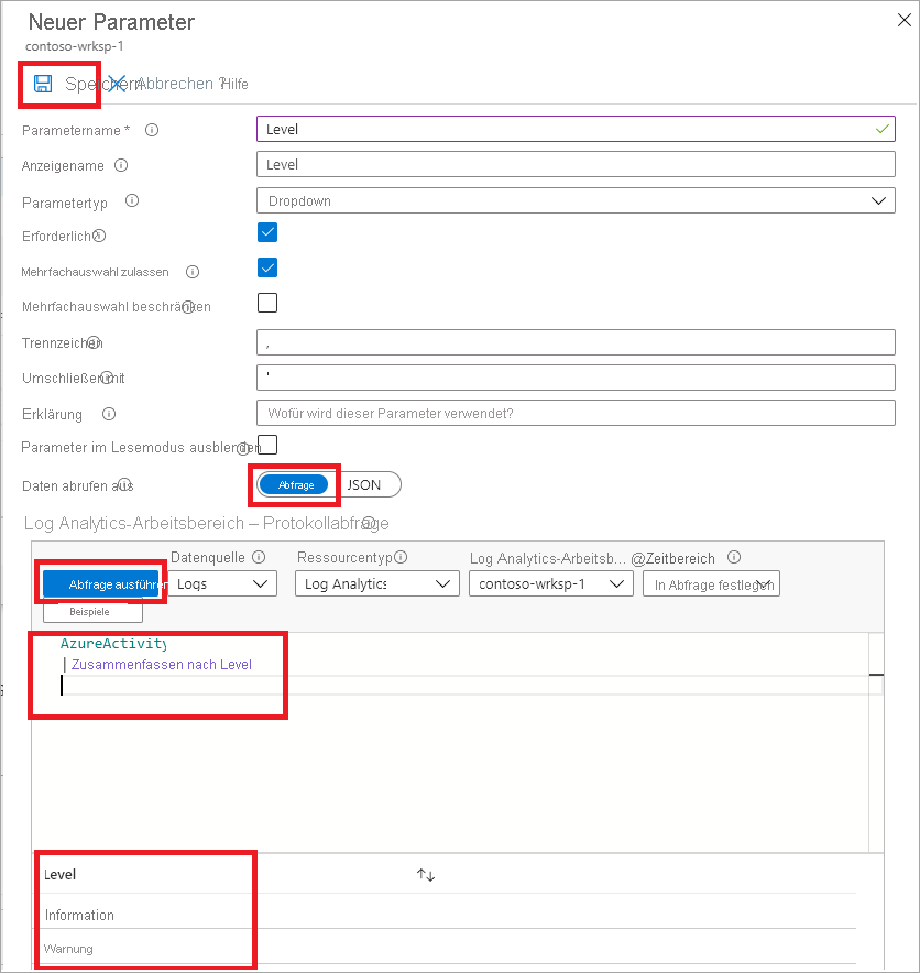 Screenshot des Bereichs „Neuer Parameter“ mit Schritten zum Hinzufügen eines neuen Parameters. Die Optionen „Speichern“, „Abfrage“, „Abfrage ausführen“ und der Abschnitt „AzureActivity“ sind im Screenshot hervorgehoben.