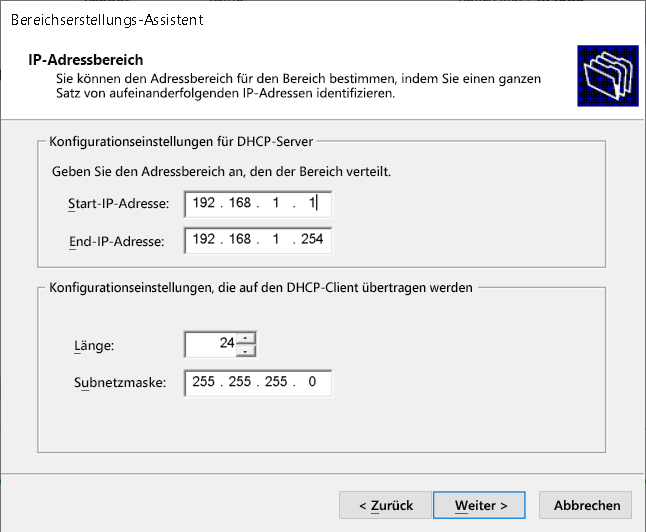 A screenshot of the New Scope Wizard. The administrator has entered a range of IP addresses for a scope on the IP Address Range page.