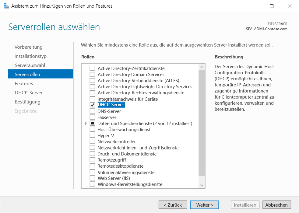 A screenshot of the Add Roles and Features Wizard in Server Manager. On the Select server roles page, the administrator has selected DHCP Server.