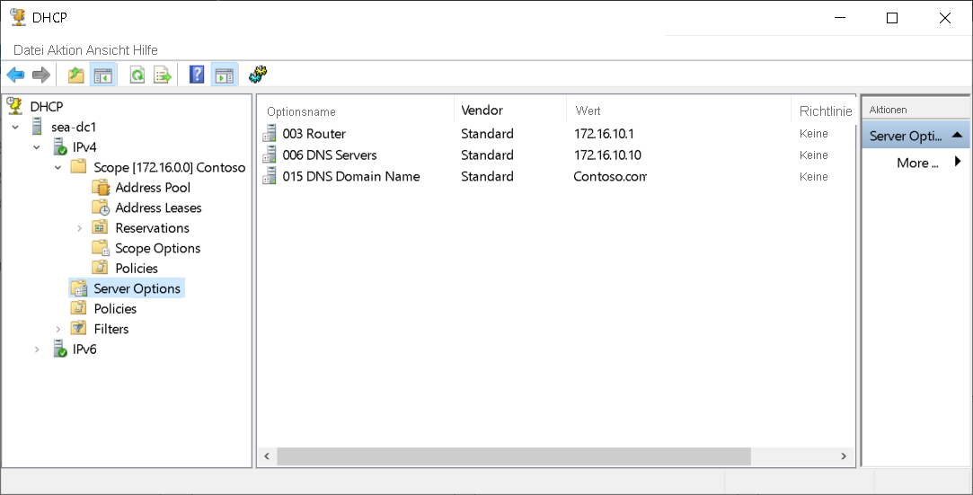 A screenshot of the DHCP console. The administrator has selected the Server Options node in the navigation pane. Three options are displayed: 003, 006, and 015.