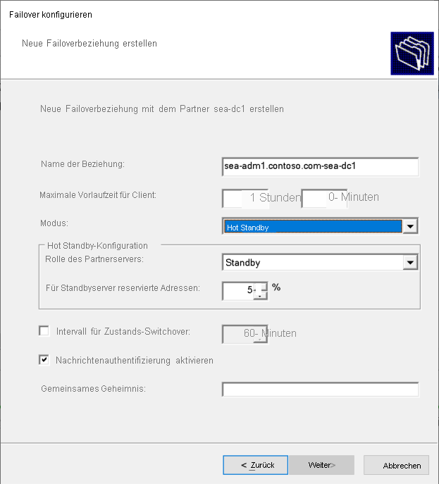 A screenshot of the Create a new failover relationship page in the Configure Failover wizard. The Mode is Hot standby.