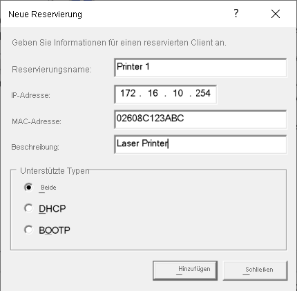 A screenshot of the New Reservation dialog box. The administrator has added the required details as described in the following text.