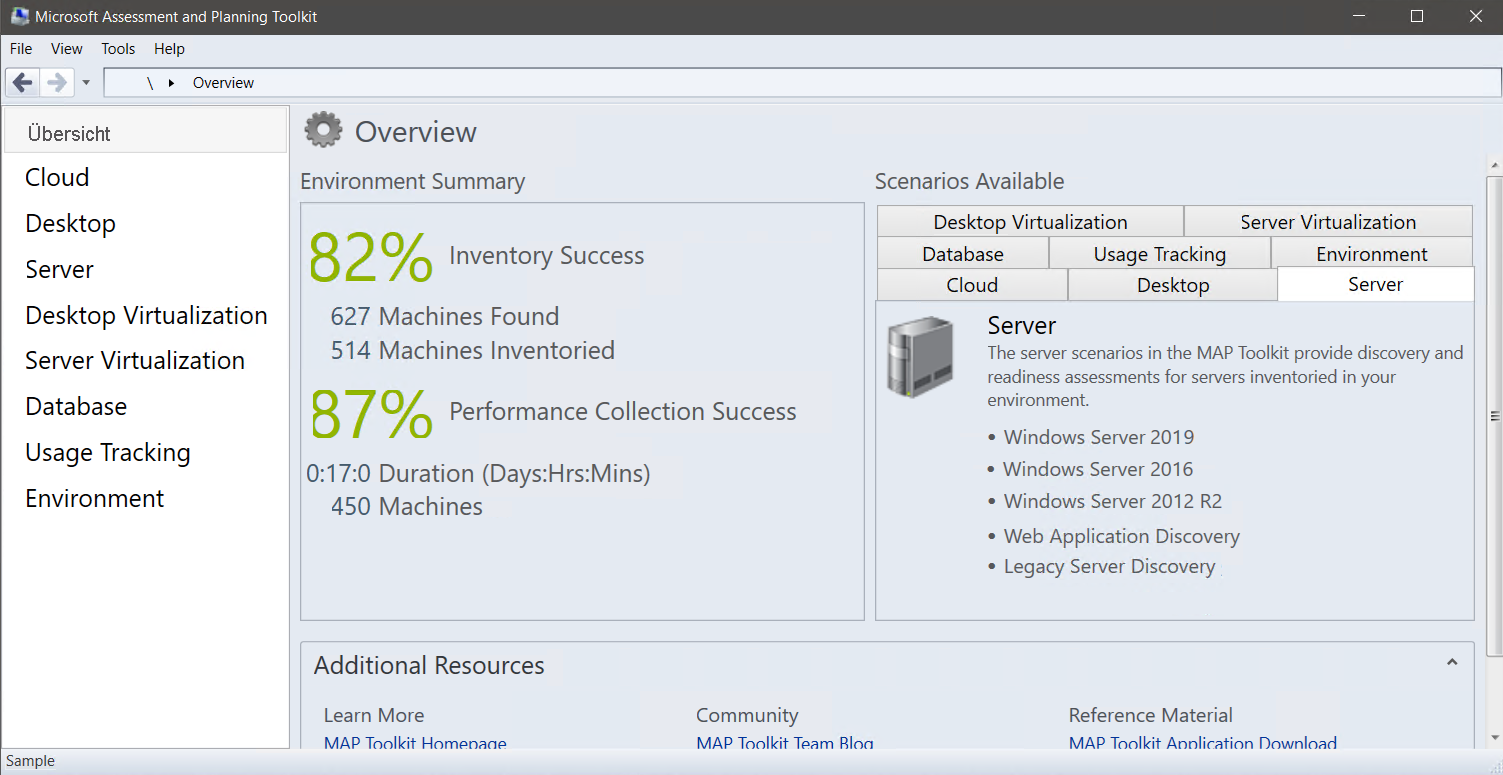 A screenshot of the Microsoft Assessment and Planning Toolkit. The administrator has selected the Overview tab. Displayed are options for a number of scenarios, including Server, currently selected.