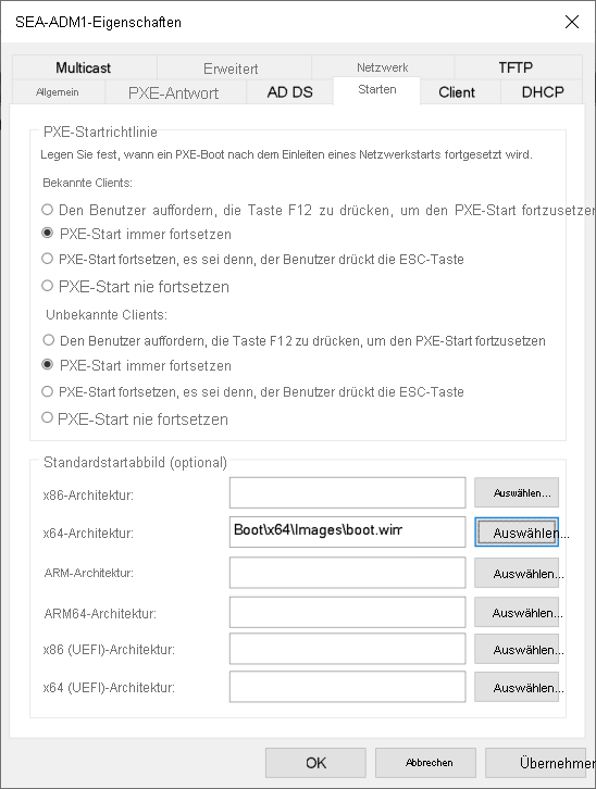 Screenshot: Dialogfeld „SEA-ADM1-Eigenschaften“ in den Windows-Bereitstellungsdiensten. Der Administrator hat die Registerkarte „Start“ ausgewählt. Die Option „PXE-Start immer fortsetzen“ ist ausgewählt, und das Startimage für die x64-Architektur ist „boot.wim“.