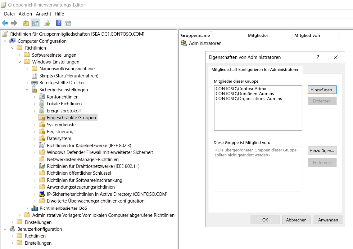 Screenshot: Gruppenrichtlinienverwaltungs-Editor. Der Administrator ist zu „Computerkonfiguration“, „Richtlinien“, „Windows-Einstellungen“, „Sicherheitseinstellungen“, „Eingeschränkte Gruppen“ navigiert. Der Administrator hat eine Gruppe namens „Administratoren“ hinzugefügt und „Domänenadministratoren“, „Unternehmensadministratoren“ und „Contoso-Administrator“ als Mitglieder hinzugefügt.