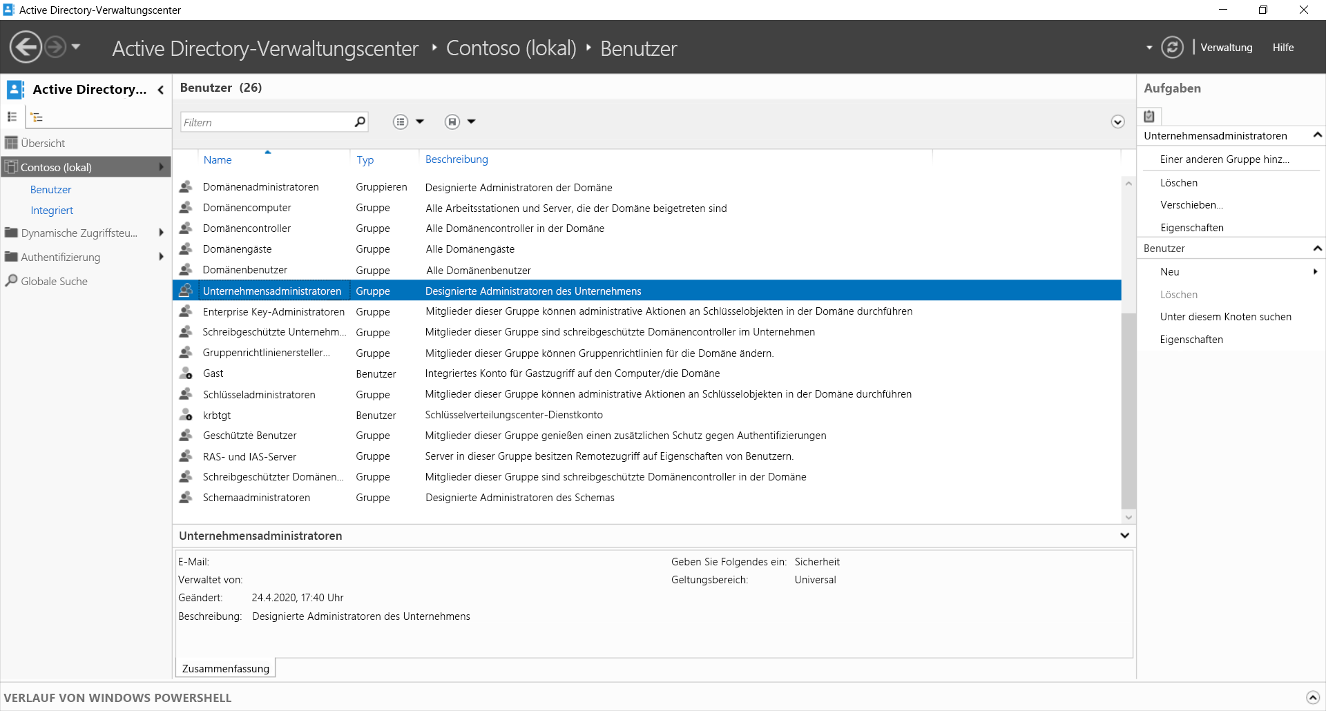 Screenshot: Active Directory-Verwaltungscenter. Der Administrator hat die Gruppe „Unternehmensadministratoren“ in Contoso „(lokal)\Benutzer“ ausgewählt. Es werden auch andere Gruppen im Ordner „Benutzer“ angezeigt.