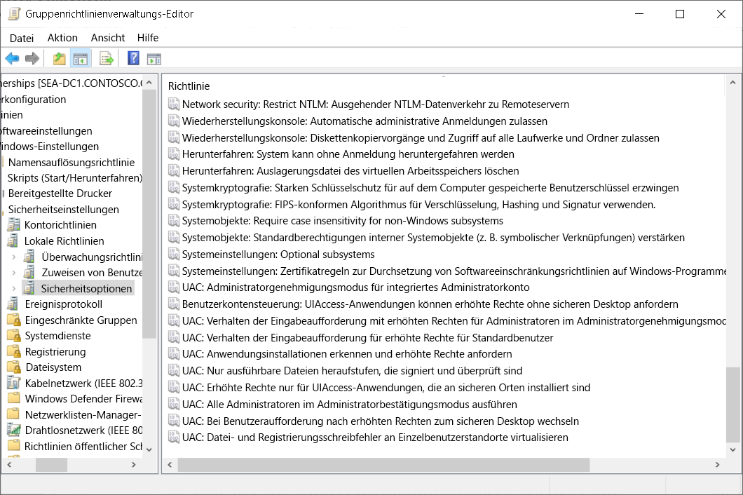 Screenshot: Knoten „Sicherheitsoptionen“ im Gruppenrichtlinienverwaltungs-Editor. Die Werte der Benutzerkontensteuerung werden angezeigt.