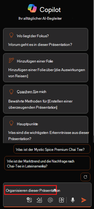 Screenshot des Copilot-Bereichs in PowerPoint beim ersten Öffnen.