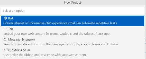 Screenshot of Teams Toolkit for Visual Studio Code options for creating a new app.