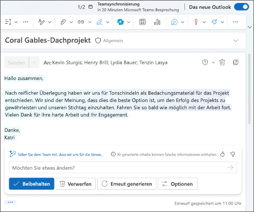 Screenshot eines E-Mail-Entwurfs, der von Copilot in Outlook generiert wurde.