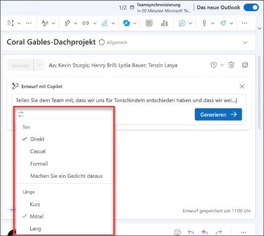 Screenshot der verfügbaren Optionen zum Anpassen Ihres Entwurfs in Copilot in Outlook.