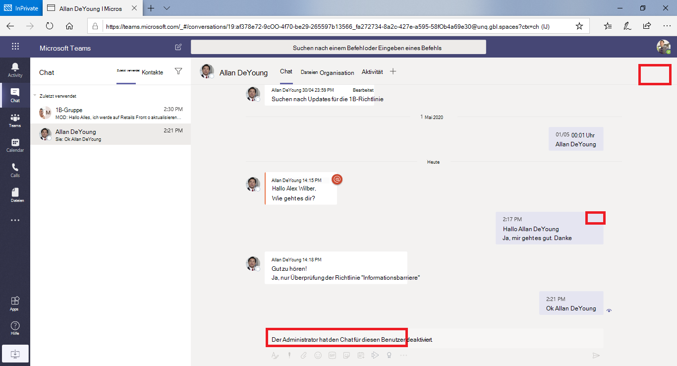 Screenshot showing a user chat that Teams disabled after applying an information barrier policy.