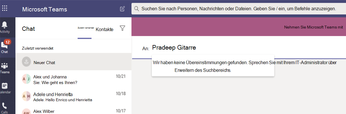 Screenshot showing blocked communication in a one-on-one chat in Microsoft Teams.