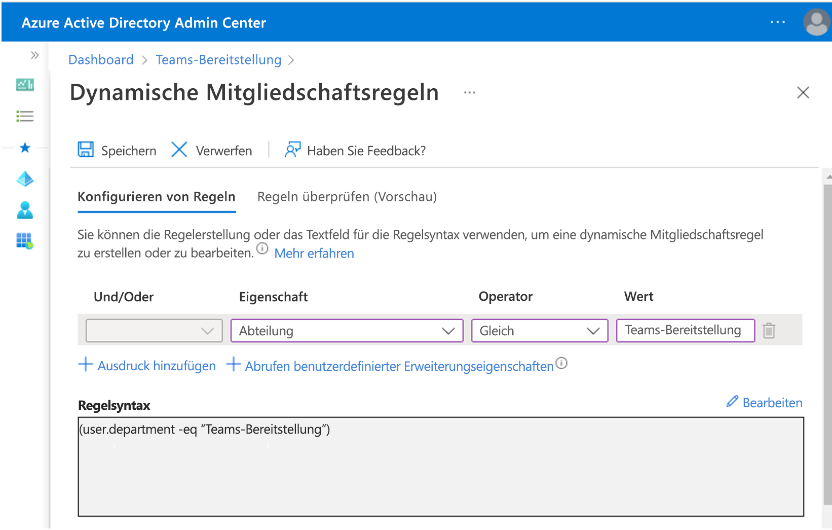 Screenshot: Hinzufügen einer dynamischen Abfrage in Microsoft Entra ID