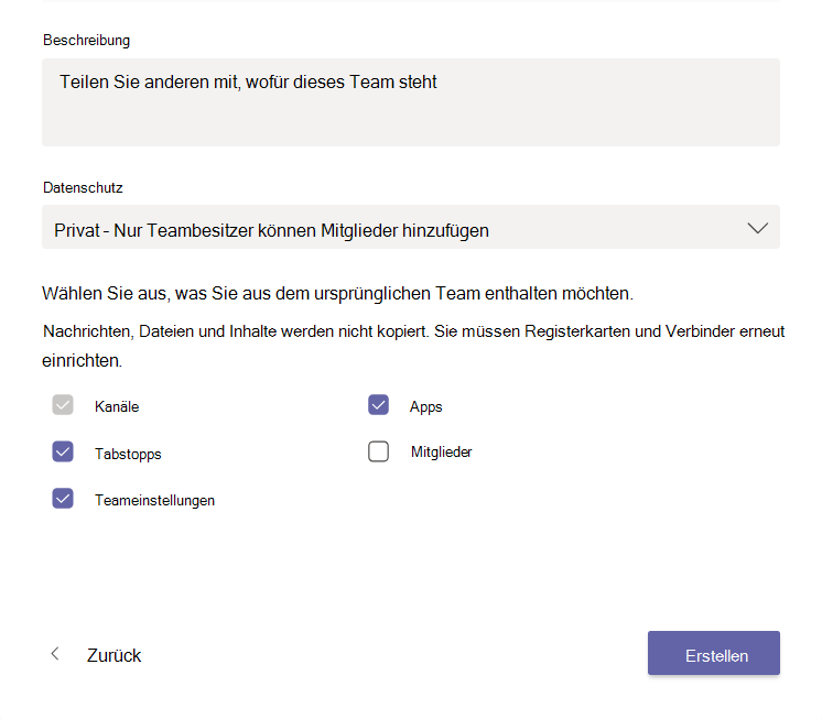 Screenshot: Einstellung zum Kopieren von Teams