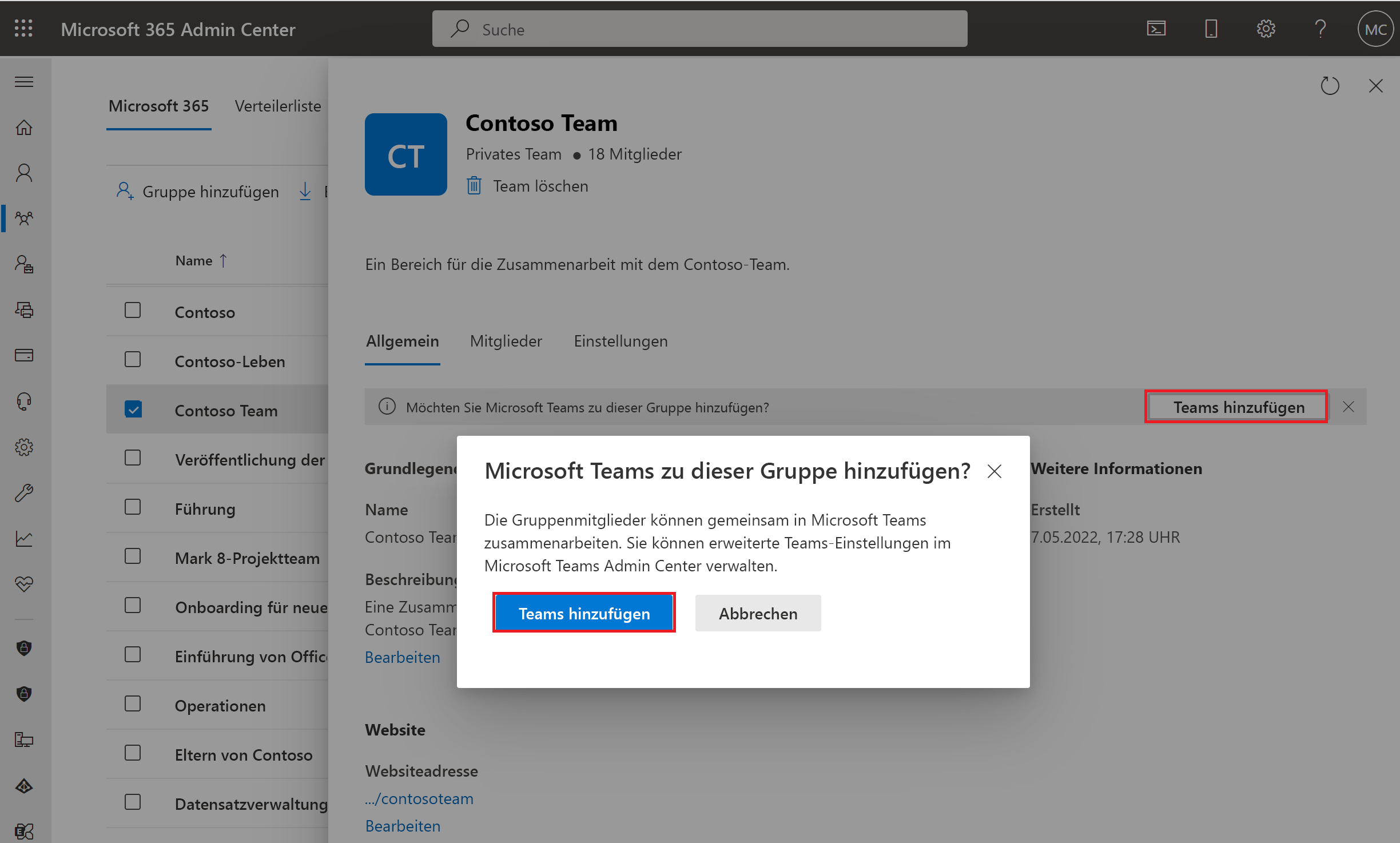 Screenshot: Erstellen eines Teams aus der Gruppenauswahl im Microsoft 365 Admin Center