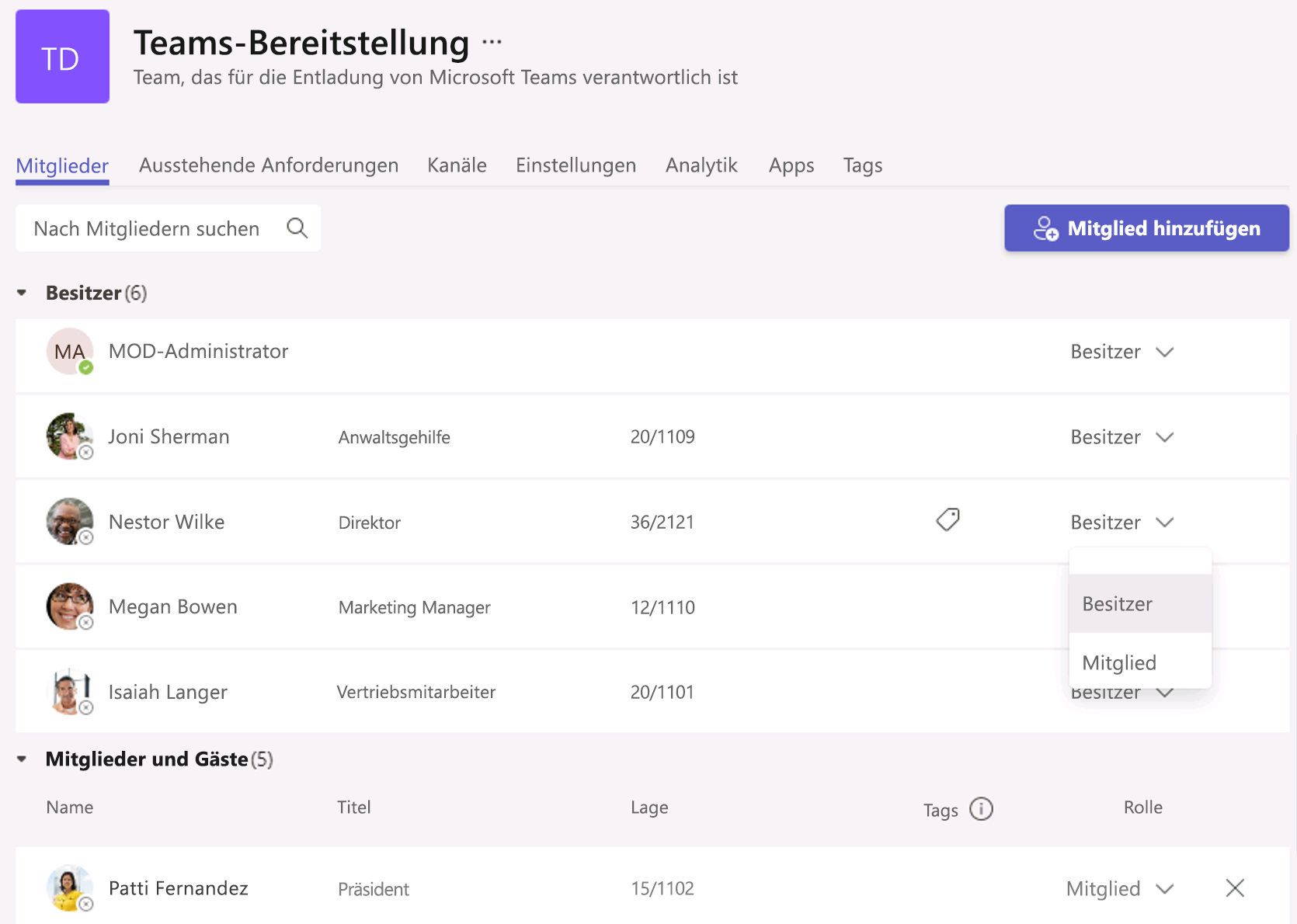  Screenshot: Verwalten von Benutzern im Teams-Client