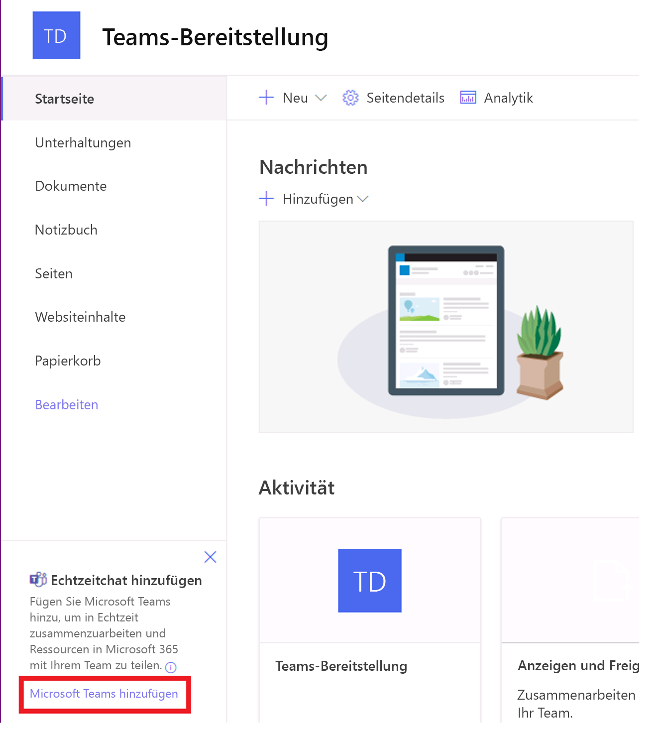 Screenshot des Navigationsbereichs der SharePoint-Teamwebsite mit der Anzeige 