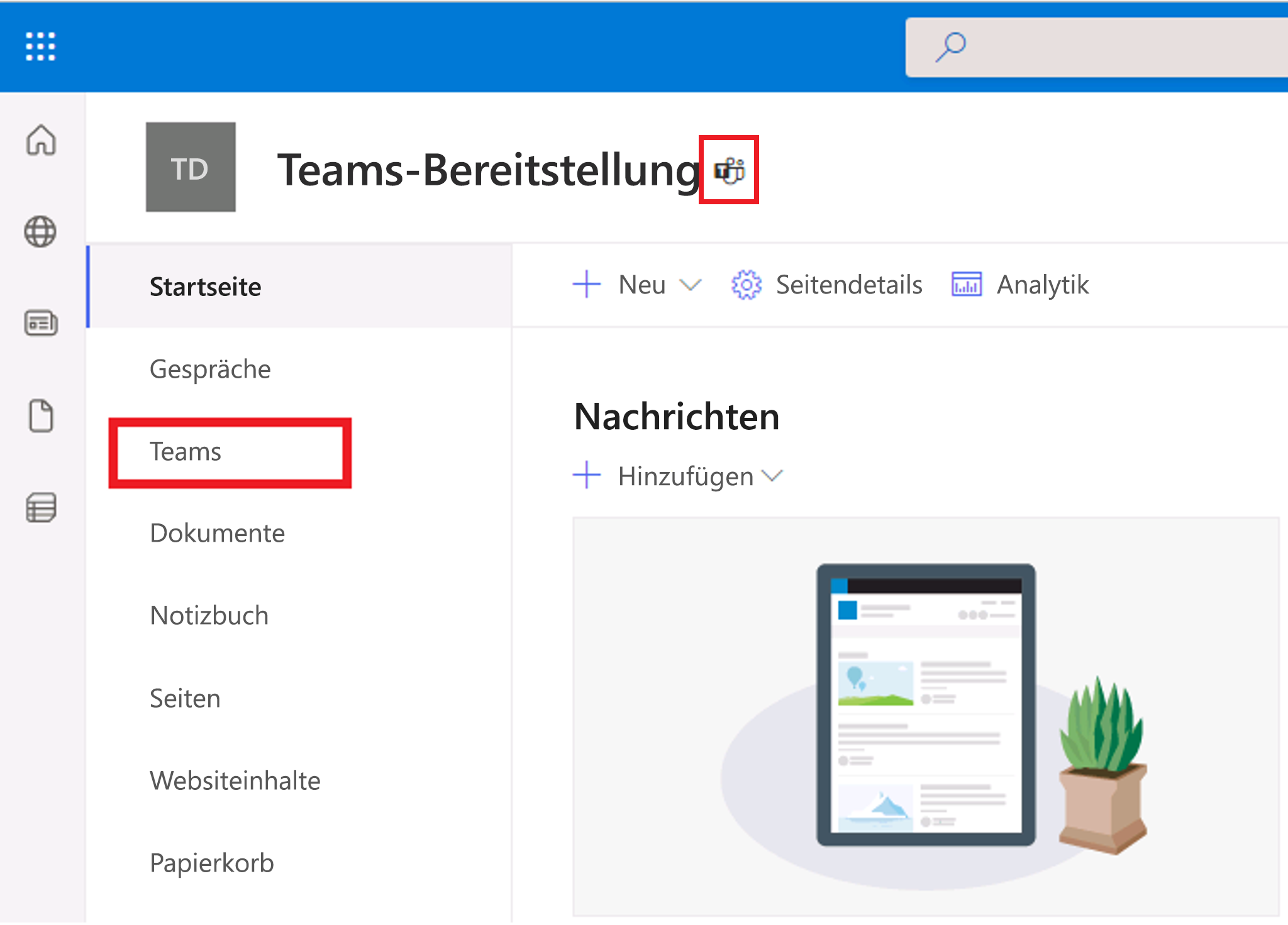 Screenshot des SharePoint-Navigationsbereichs mit der Option 