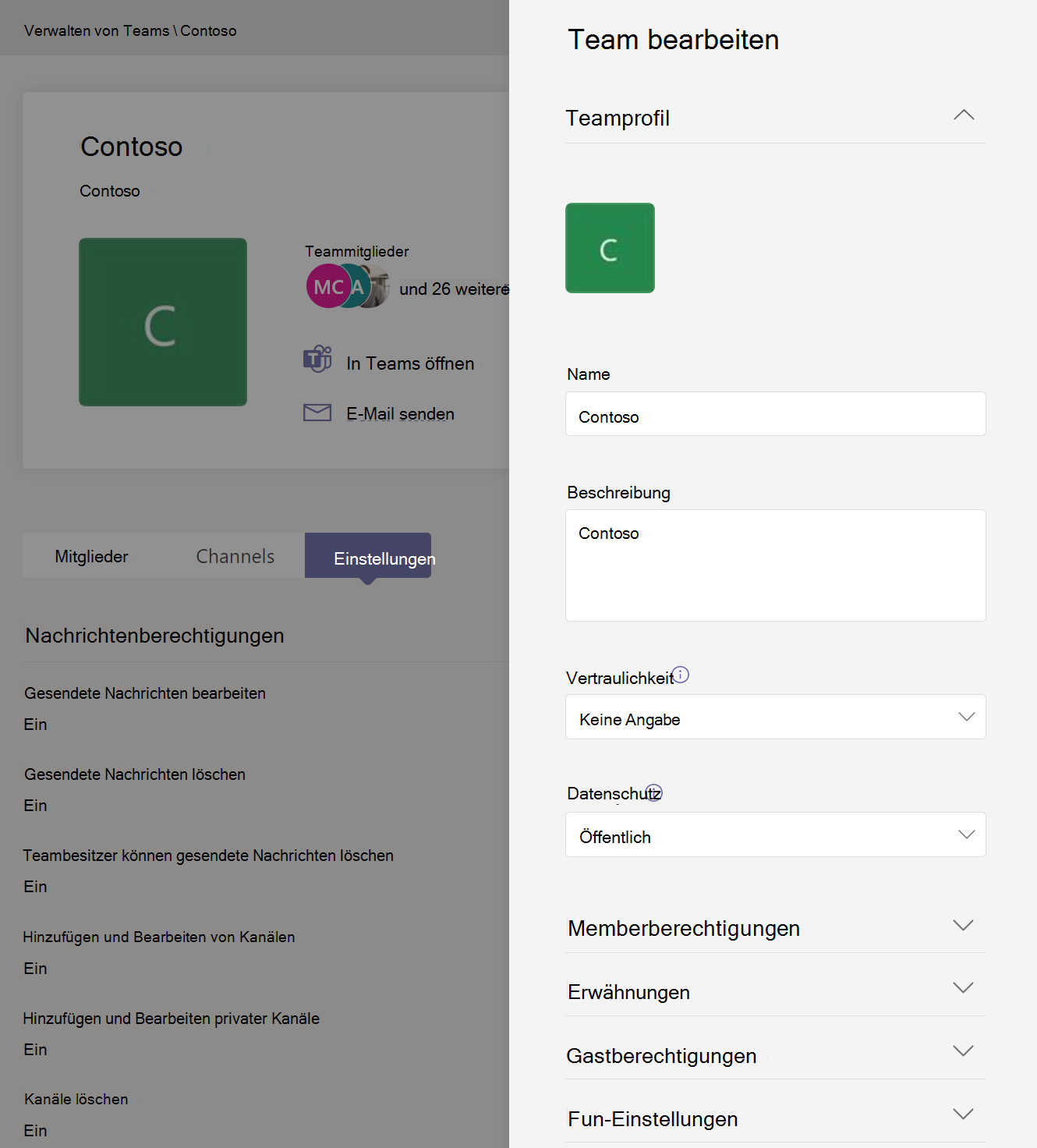 Screenshot der Teams-Einstellungen.