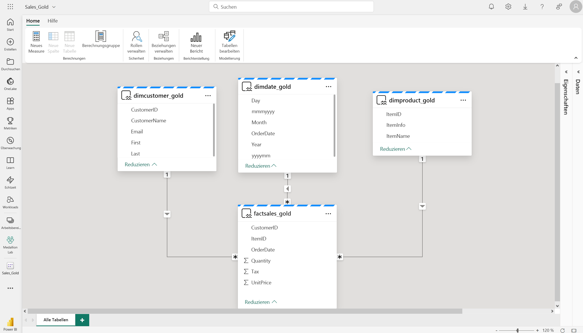 Screenshot des Power BI-Semantikmodells mit Beziehungen zwischen Tabellen.