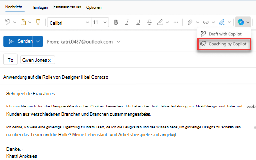 Screenshot der Menüoption „Coaching von Copilot“ im neuen Outlook