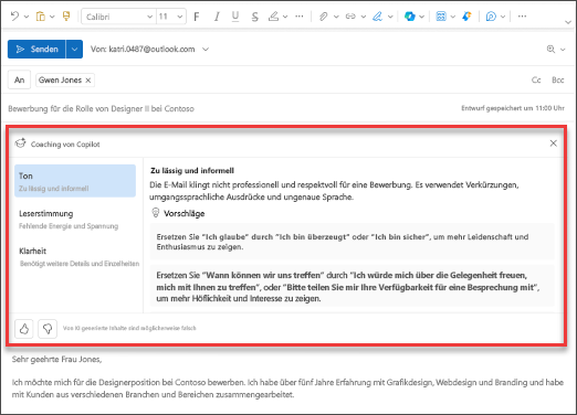 Screenshot von Copilot-Vorschlägen für Ton, Klarheit und Leserstimmung im neuen Outlook.