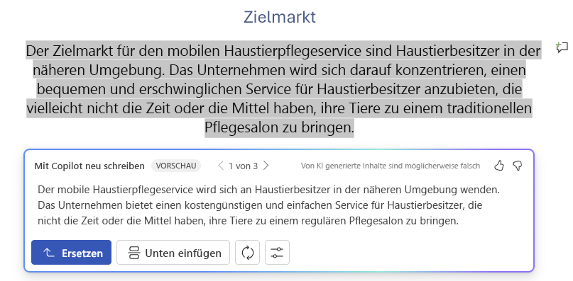 Screenshot von Copilot in Word mit umgeschriebenen Textvorschlägen und -optionen.