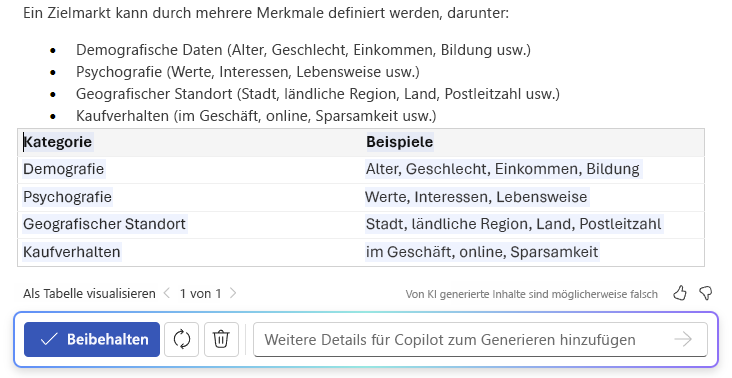 Screenshot von Copilot in Word, der die Funktion „Text in Tabelle“ zeigt.