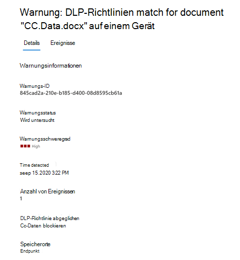 Screenshot of the D L P Alerts Management dashboard showing the Details tab for an alert.