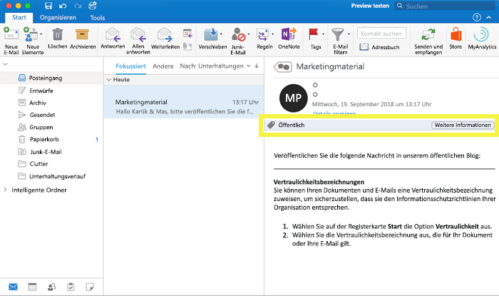 Screenshot: Vertraulichkeitsbezeichnung in einer E-Mail