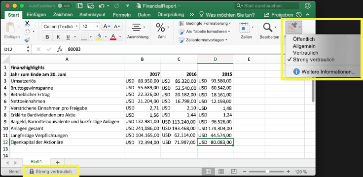 Screenshot mit verfügbaren Vertraulichkeitsbezeichnungen in Excel auf der Registerkarte 