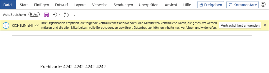 Screenshot mit einem Prompt zum Anwenden der empfohlenen Vertraulichkeitsbezeichnung.