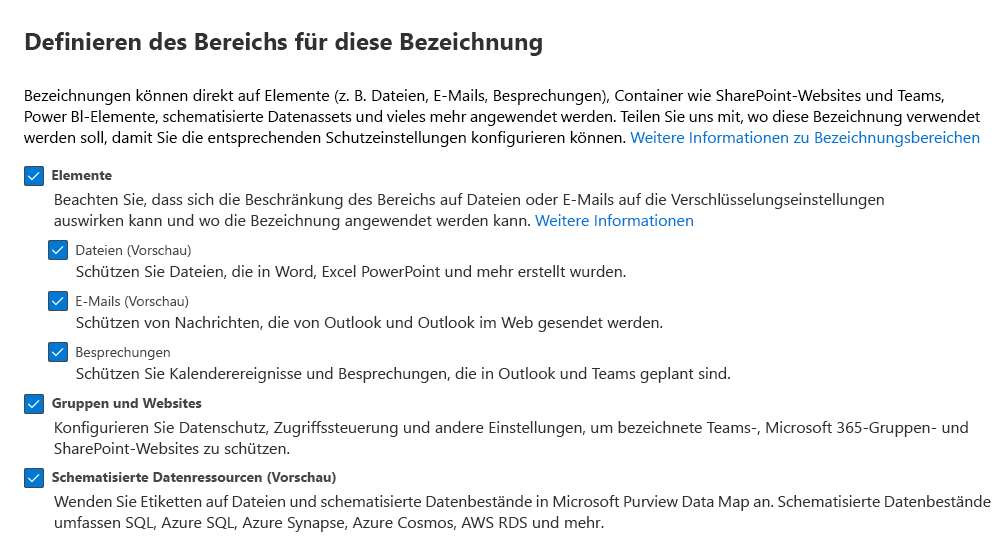 Screenshot: Azure Purview-Ressourcenoption zum Definieren eines Bezeichnungsbereichs