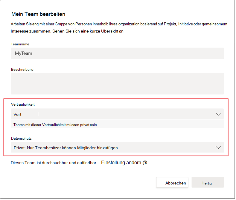 Screenshot der Seite „Meinen Teamkanal bearbeiten“.