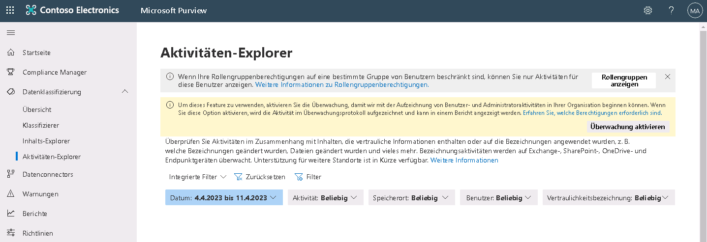 Screenshot der Seite „Aktivitätsexplorer“ im Microsoft Purview-Complianceportal.