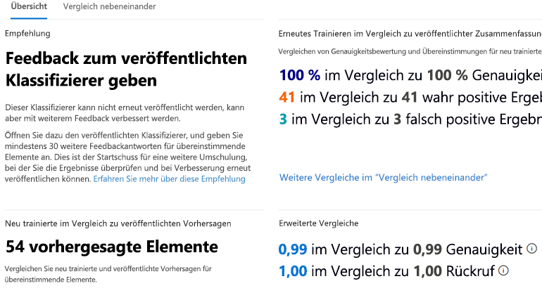 Screenshot der Registerkarte „Übersicht über das neu Trainieren“ mit Feedback zu einem Datenklassifizierer, sobald das System das neu Trainieren des Klassifizierers abgeschlossen hat.