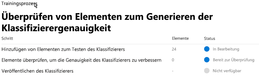 Screenshot der Seite „Trainingsprozess“, auf der Sie Elemente überprüfen, um die Genauigkeit des Klassifizierers zu generieren.