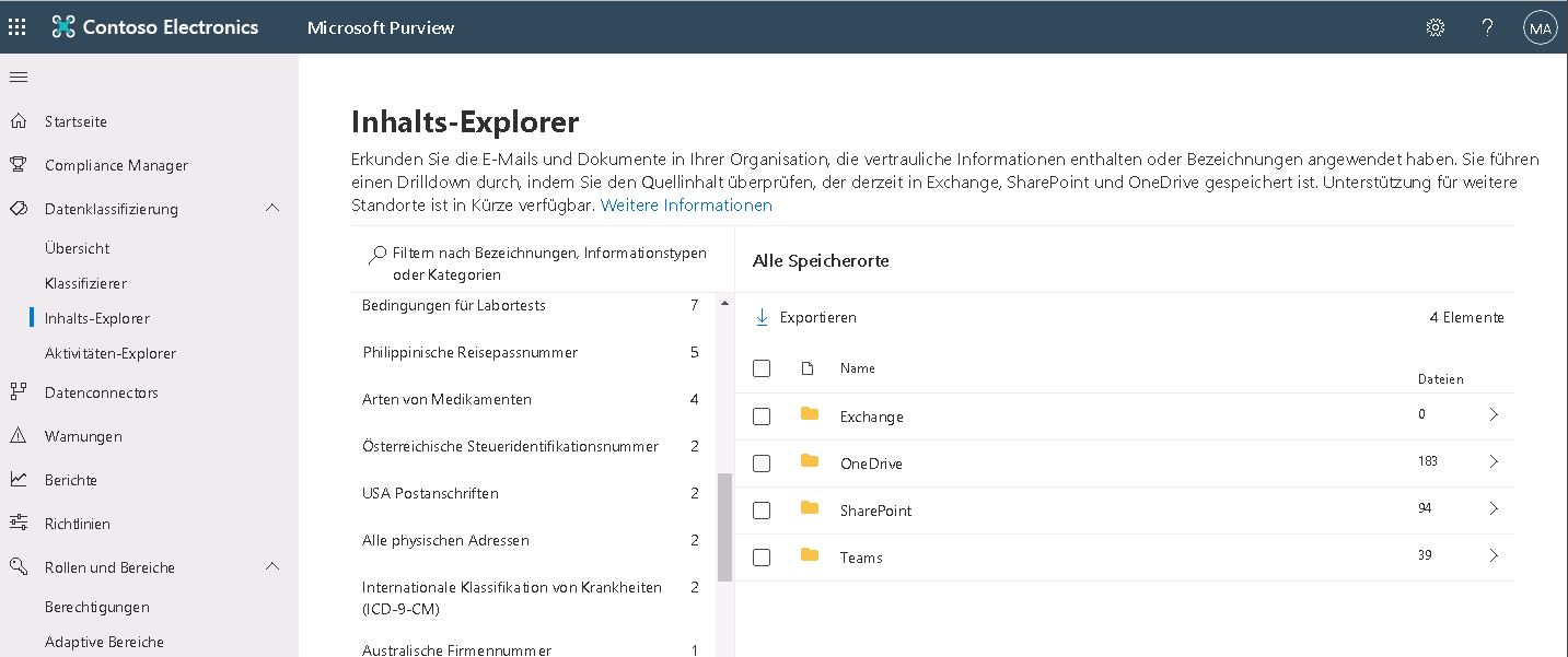 Screenshot der Seite „Inhaltsexplorer“ im Microsoft Purview-Complianceportal.