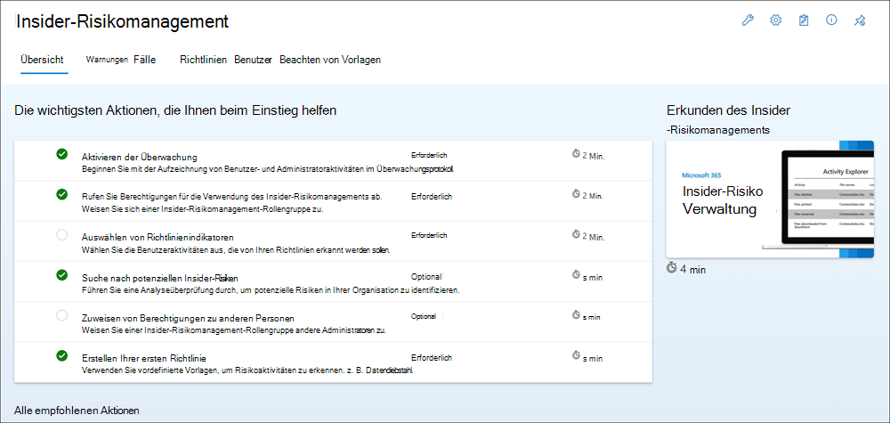 Screenshot of the Insider risk management dashboard showing the Overview tab and the top actions to help get you started.