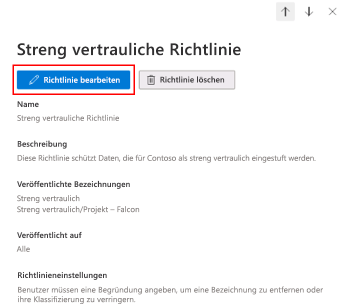 Screenshot des Detailfensters für eine Vertraulichkeitsbezeichnungsrichtlinie mit hervorgehobener Schaltfläche „Richtlinie bearbeiten“.