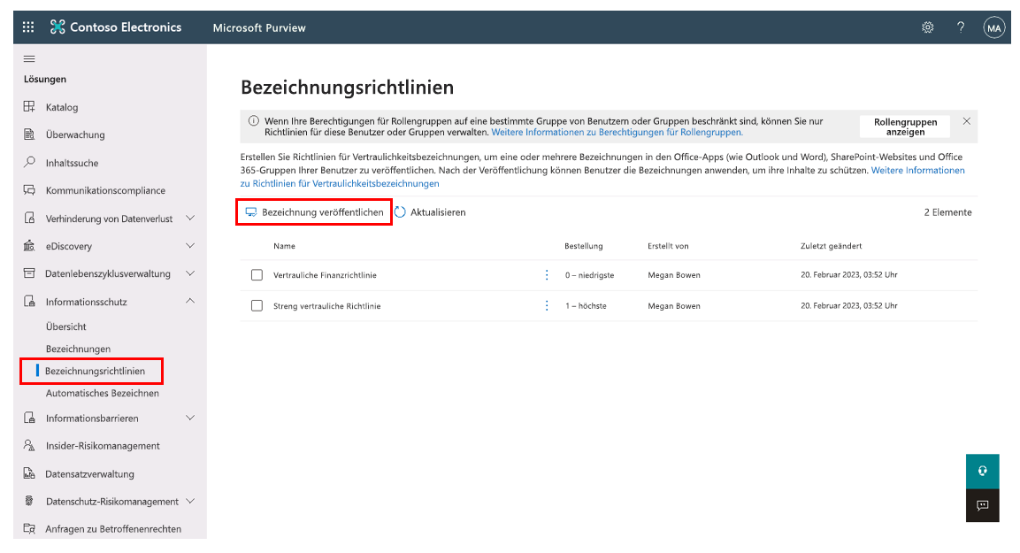 Screenshot der Registerkarte „Bezeichnungsrichtlinien“ auf der Seite „Informationsschutz“, auf der die Option „Bezeichnung veröffentlichen“ hervorgehoben ist.