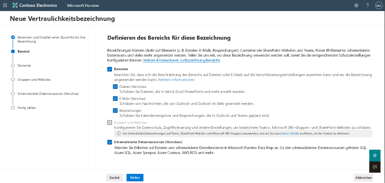 Screenshot der Seite „Bereich für diese Bezeichnung festlegen“ im Assistenten „Neue Vertraulichkeitsbezeichnung“